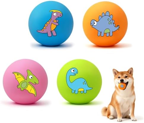 Small Squeaky Balls, [4 Pack] Soft Latex Squeaky Dog Ball Toys, Funny Dinosaur Interactive Dog Balls, Puppy Teething Chew Toys for Mini & Small Dogs (2.4"-Set A)