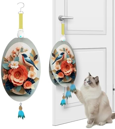 Interactive Cat Toys for Indoor Cats, Automatic Concealed Hide and Seek Hanging Feather Cat Toy, Rechargeable Motion-Activated Enrichment Toys for Bored Adult Cats (Bird & Flowers Pattern）