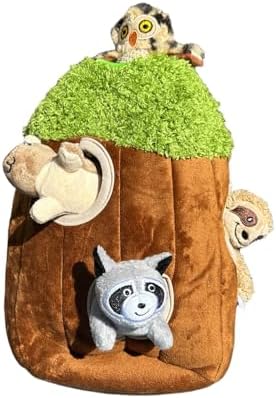 Glow Pups Hide and Seek Dog Toy, Interactive Plush Burrow Toy with Squeaker for Puppies, Woodland Animals Inside Trunk, Mental Stimulation, Medium Size, Brown (Raccoon, Squirrel, Sloth, Owl)