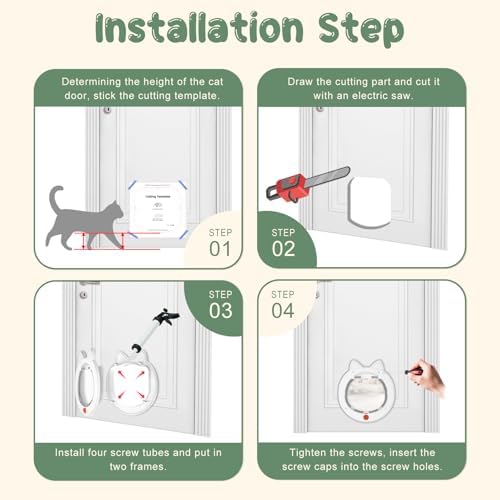 Cat Door with 4-Way Lock, Cat Door for Exterior Door with Magnetic Flap, Weatherproof Pet Door for Interior Door, White
