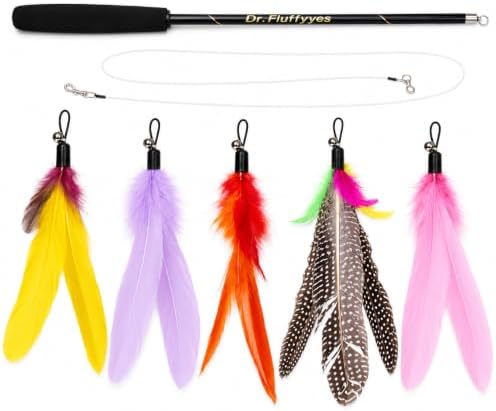Cat Wand Toy with 5 Feather Attachments – Interactive Cat Teaser Wand & Cat Fishing Pole Toy for Indoor Cats, Feather Cat Toy for Exercise, Chase & Play, Fun Kitten Toys for Bored Cats