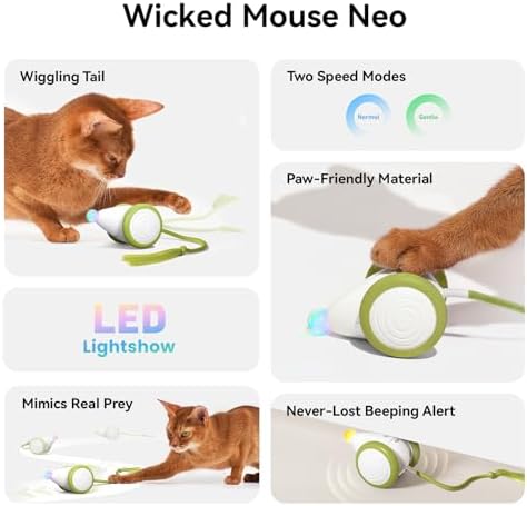 Cheerble Interactive Cat Toys for Indoor Cats, Automatic Moving Kitten Toys, Wicked Mouse Neo Cat Toy with Tail & Lights, Pet Cat Supplies, Rechargeable Cat Toys for Bored Indoor Adult Cats