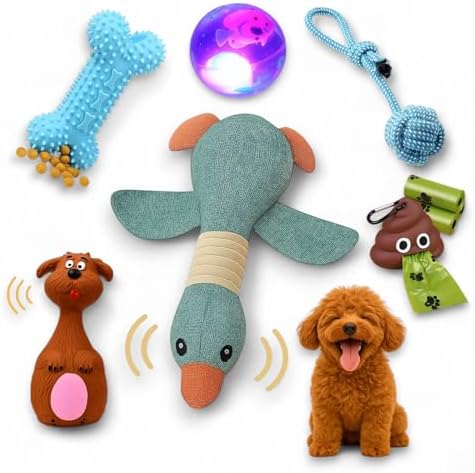 Puppy Toys for Small Dogs - 7 Pack Durable Chew and Teething Toys with Squeaky Plush, Interactive Dog Toys, LED Ball & Poop Bag Dispenser for Toy Breeds & Puppies Under 15 Lbs