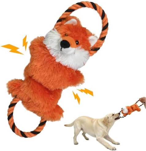 15.55 Inch Fox Squeaky Dog Toy with Crinkle Paper & Rope, Plush Chew Toy for Puppy Teething, Interactive Tug of War Toy for Small Medium Large Dogs