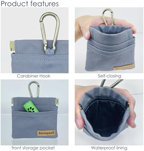 Raisingwell Dog Treat Pouch, Small Cotton Pocket Sized Training Holder, Hand Free Walking Fanny Bag with Carabiner, Self-Closing Pet Feed Snack Reward, Behavior Aids for Puppy Travel or Outdoor (Grey)