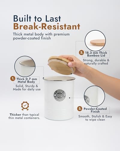 Dog Treat Container with Bamboo Lid, White Metal, 5.1” W x 6.5” H, 6.4 Cups