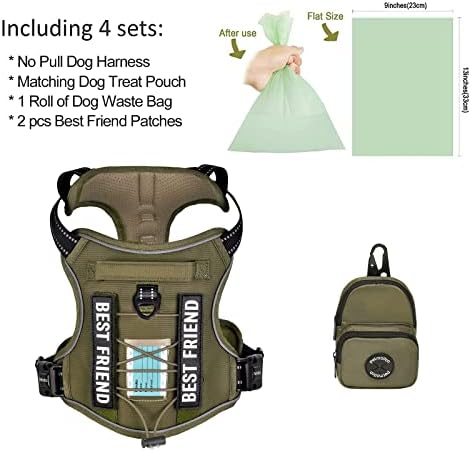 Petmolico No Pull Dog Harness, 2 Leash Clips Tactical Dog Harness Soft Padded Reflective Service Dog Vest with Dog Treat Pouch for Outdoor Walking Training, Army Green Medium