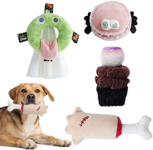 Fuzzwoof 4 Pack Halloween Dog Squeak Toys, Spooky Snacks Theme Puppy Toys with Squeaker and Crinkle Paper Plush Dog Interactive Toys for Fun & Teeth Cleaning