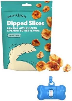 Bundle Dipped Slices Dog Treats, Banana with Chicken & Peanut Butter Flavor with Waste Bag Dispenser & Free Roll!