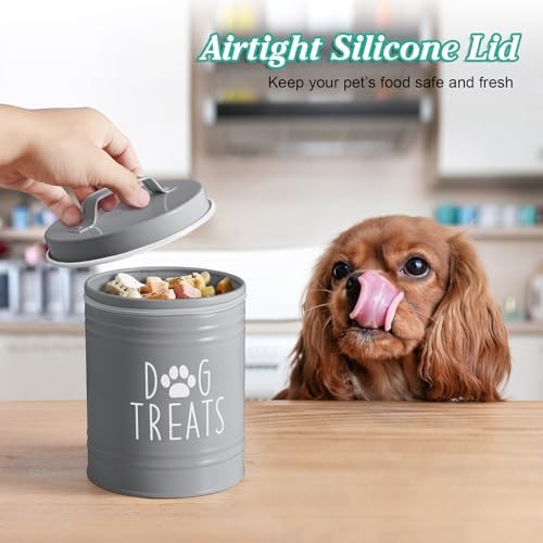 OUTNILI Small Dog Treat Container Airtight - 6" Tall X 4.9" Round Gray Dog Treat Jar for Kitchen Counter - Rustic Treat Storage Canister for Dogs, Cats, Small Animals - Gifts for Pet Owners
