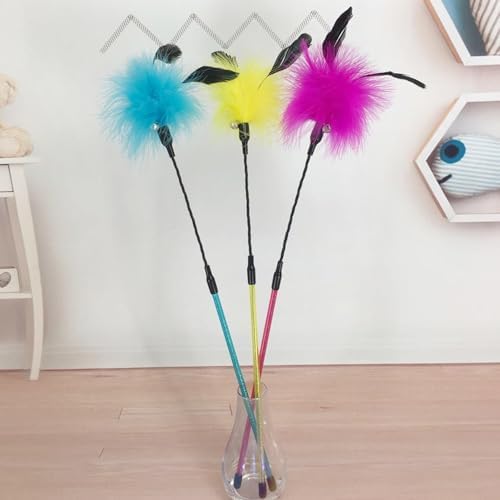 Cat Wand Toy 3 PCS Soft Turkey Feather Teaser Wands with Bell for Indoor
