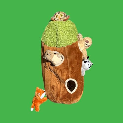 Glow Pups Hide and Seek Dog Toy, Interactive Dog Toy Bundle with Squeaky Plush Woodland Animals, Burrow Toys for Puppies, Large Size, Brown Plush Tree with 5 Animals