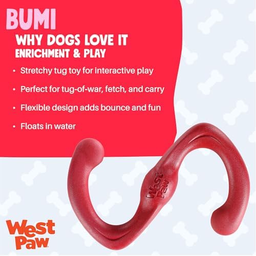 WEST PAW Zogoflex Bumi Dog Tug Toy – S-Shaped, Lightweight Chew Toys for Fetch, Play, Pet Exercise – Tug of War Soft Flinging Squishy Chewy Toy for Dogs – Guaranteed, Latex-Free, Small 8", Ruby