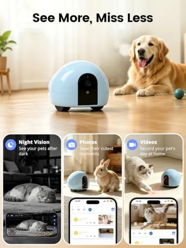 Interactive Pet Camera Robot with Treat Dispenser & Laser, Moving Cat & Dog Camera, Remote Control Pet Monitor with Two-Way Audio, Night Vision, App Control & Auto Recharge