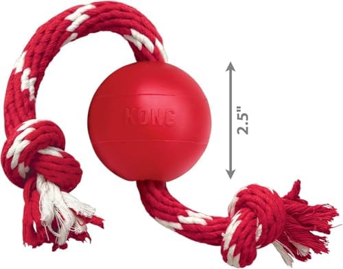 Kong Ball with Rope, Natural Rubber Fetch and Tug Toy, Red, for Small Dogs
