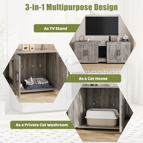 Cat Litter Box Enclosure for 2 Cats,55" Large Hidden Litter Box Furniture with Barn Door & Double Rooms,Modern Indoor Pet House TV Stand Side Table,Cats Washroom,for Bedroom Living Room,Grey