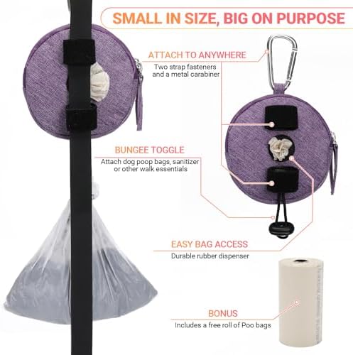 Dog Poop Bag Holder for Leashes- Dog Treat Pouch with Waterproof Zipper,Puppy Training Small Bag with Carabiner & Bungee Toggle,Two Pockets for Dry or Wet Treats-Pet Travel Walking Essentials (Purple)