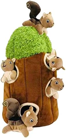 Glow Pups Hide and Seek Dog Toy Squirrel in Tree Trunk, Plush Interactive Burrow Dog Toy with Squeaker, Promotes Mental Stimulation, Easy to Clean, Woodland Style, Large (Brown)
