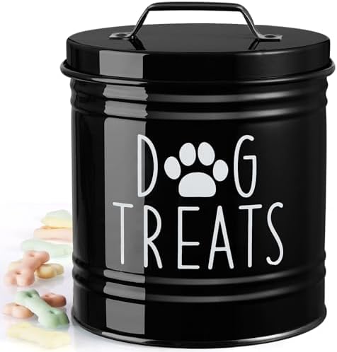 OUTNILI Large Dog Treat Container Airtight - 6.6" Tall X 6" Round Black Dog Treat Jar for Kitchen Counter - Rustic Treat Storage Canister for Dogs, Cats, Small Animals
