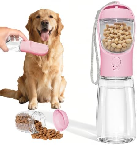 Portable Dog Water Bottle with Food Container, Pink, 19oz
