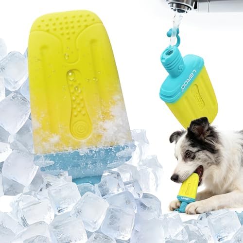 LaRoo Dogs Toys for Summer Cooling, Frozen Dog Toys, Full with Water Frozen, Prevention of Heat Stroke Upgraded Teething Chew Toy (Ice Pop Shape-Yellow)