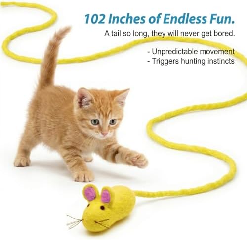Glaciart One Felt Mouse Cat Toy – Soft Fuzzy Enrichment 100% Natural Wool - Interactive Catnip Play Cat Toy Set - Safe for Pets, Non-AZO Colored Dyes - 100” Long