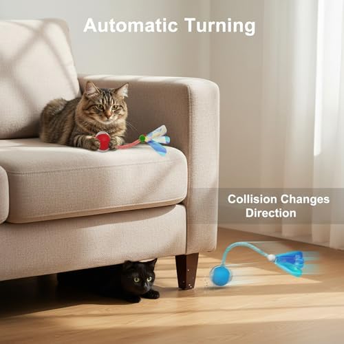 Interactive Cat Toys Ball for Cats - Upgrade Automatic Cat Toys for Indoor Cats, Chirping Cat Toy, 3 Modes 2 Speed Moving Cat Ball with Dragonfly Feathers 2PCS (Red Blue)