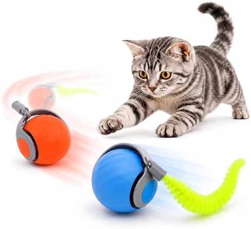 2Pcs Interactive Rolling Cat Ball Toy Pack, Automatic Moving Cat Toy Set with Detachable Plush Tails, Dual Speed & Dual Mode Rechargeable Kitten Toys（Blue+Orange）