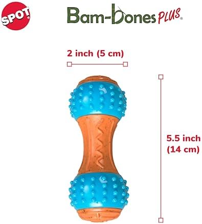 SPOT Bam-Bones Plus Gigglers Dumbbell Durable Dog Chew Toy, for Medium Aggressive Chewers, Bamboo Fiber & Nylon, Dual Texture, Massaging Rubber Ends, Peanut Butter Flavor, 5.5 in