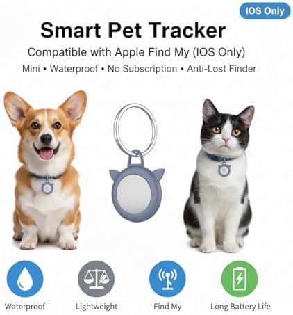 Smart Pet Location Tag with Holder – No Subscription, Compatible with Apple Find My (iOS Only), Lightweight Silicone Case, Clip-On Anti-Loss Accessory for Dog & Cat Collars, Bags (Grey)