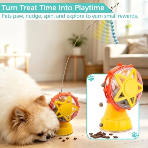 LumoLeaf Interactive Treat Toy for Puppies, Small Dogs & Cats, Treat Dispensing Puzzle Toy with Adjustable Opening, Suction Cup Base & Teaser Wand, Indoor Enrichment Toy for Boredom Relief (Yellow)