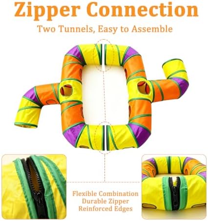 2 in 1 Cat Tunnel Set, Large DIY Free Splicing Cat Tunnels with Zipper, Collapsible Play Tunnel with Teaser Wand and Peek Holes, Interactive Pet Tube for Indoor Cats, Puppy and Rabbits (2 x T Shape)