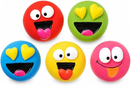5-Pack Latex Dog Toys – Durable Squeaky Emoticon Design for Small and Medium Dogs, Interactive Chew and Fetch Play Set for Exercise and Training
