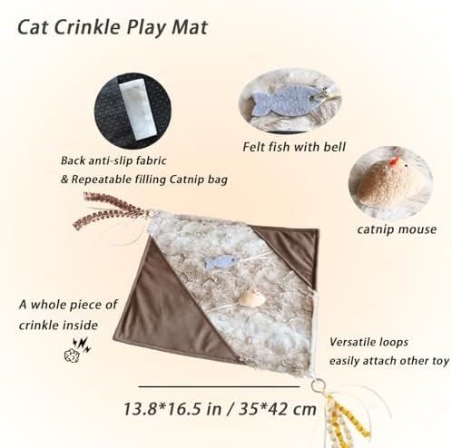 Cat Crinkle Mat with Mouse Toy,14x16" Interactive Cats Play Mat with Catnip