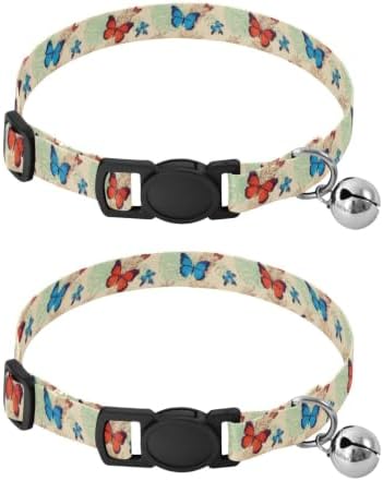 2 Pack Dog Collar Colorful Butterflies Orange Cat Collars with Bell, Adjustable Length 10.6" to 17.1"