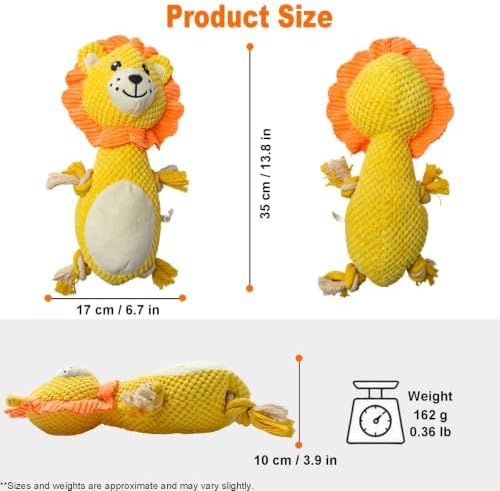 Yellow Lion Plush Chew Dog Toy, 13.8 in, Squeaker and Rope