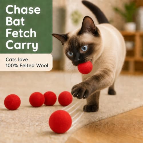 Wool Cat Toys - Felt Cat Toy Balls for Small Pet Fetch and Play - Eco Friendly Quiet Wool Ball Cat Toy for Cats and Kittens - Choose Your Colors 6PCS (Red)