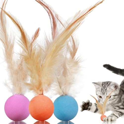 Cat Toy Ball with Feathered Tail for Indoor Cats, 3-Pack