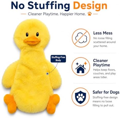 Interactive Crinkle Duck Dog Toy – No Stuffing Plush Squeaky Pet Toy (14"x8"), Tear-Resistant Reinforced Stitching, Odor-Free Chew Toy, Keeps Them Busy for Small, Medium & Large Dogs