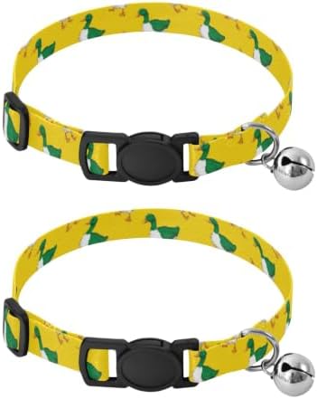 2 Pack Pet Collar Green White Ducks Yellow Dog Bell Collar, Adjustable Length 10.6" to 17.1"