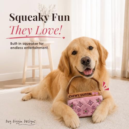 Dog Diggin Designs Chewy Vuiton Pink Blossom Plush Dog Toy Purse | Luxury-Inspired Parody Designer Handbag with Squeaker, Soft Plush Fashion Dog Toy – Haute Couture Purses & Handbags
