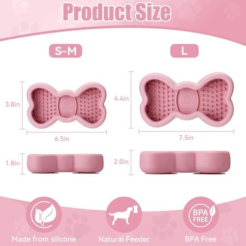 Lick Mat for Dogs, Animire Anti-Spilled Bow Tie Lick Bowls for Anxiety Relief, Silicone Slow Feeder Licking Pad with Suction Cups, Freezeable Dog Enrichment Toy for Boredom and Distraction(Pink,L)