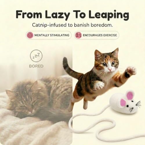 Glaciart One XXL Felt Mouse Cat Toy – 6” Body + 98” Tail – Large Cat Enrichment Toy – 100% Natural Wool with Catnip – Interactive Teaser for Big Cats – Safe Non-AZO Dyes