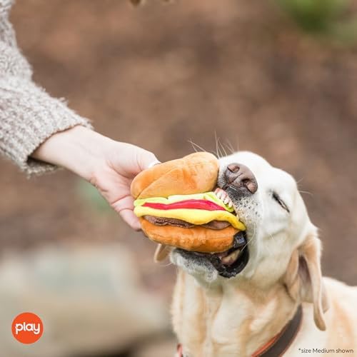 P.L.A.Y. Cute Plush Dog Toys - Fast Food Themed Durable Giggle Chew Toy, Great for Puppies & Small, Medium, Large Dog - Machine Washable, Recycled Materials (American Classic Burger, Medium)