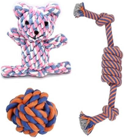 SunGrow Cotton Knot Puppy Chews, 4.5" Tough Teething Chewable Teddy Bear, 2.5" Ball, 12" Durable Oral Chew Rope, Handwoven for Small Breeds Dog, Massage Teeth, Gums, Random Color, 3 Pcs