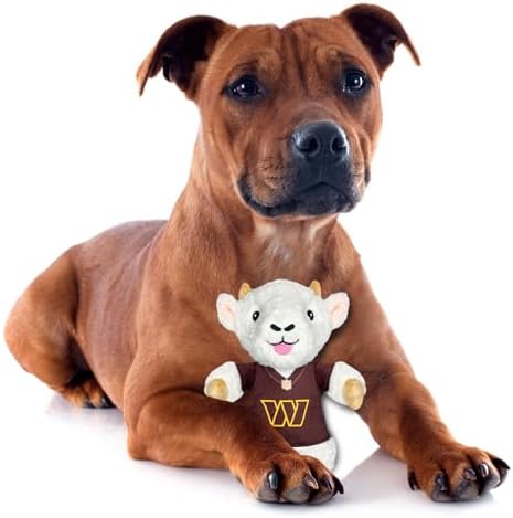 Pets First NFL Wshington Commanders Plush Goat Animal for Dogs and Cats with Squeaker, Wearing a Team Jersey! Fun & Sporty Goat Shaped Dog Chew Animal