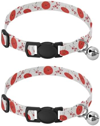 Cherry Blossom Branches Red Flowers Cat Collars with Bell 2 Pack Cats Collar Adjustable Length 10.6" to 17.1"