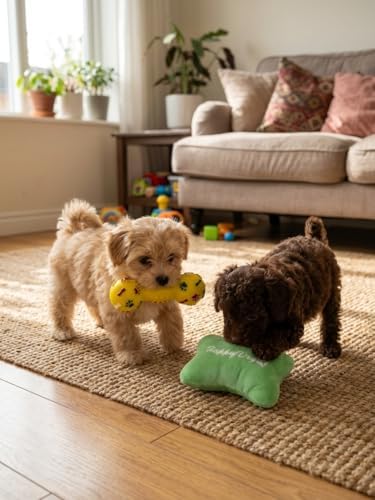 2 Pack Squeaky Dog Toy Set, Durable Latex Dumbbell with Fun Paw Prints and Soft Plush Bone Cushion Toy, Interactive Chew and Cuddle Bundle for Small to Medium Dogs, Puppies