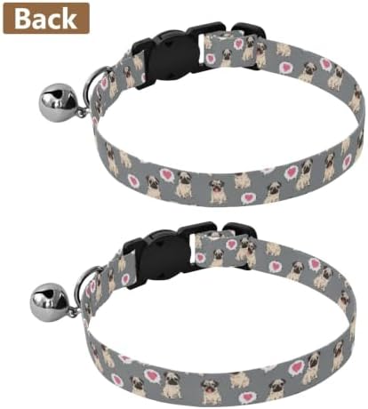 2 Pack Small Dog Collar Cute Pugs Heart Gray Cat Collars with Bell, Adjustable Length 10.6" to 17.1"