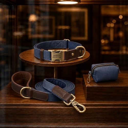 Personalized PU Leather Dog Collars, Quick Release Buckle,Blue,XL
